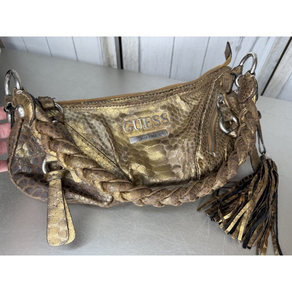 Vintage Guess Metallic Shoulder Small Bag Purse Y2K Logo Buckle Baguette Handbag